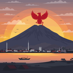 This vector image shows the majestic mountain backdrop with the red bird soaring above, holding the Indonesian flag.