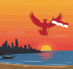 This vector image portrays the sunset over the Panjang Beach in Bengkulu, with the red bird carrying the Indonesian flag above the beach. 