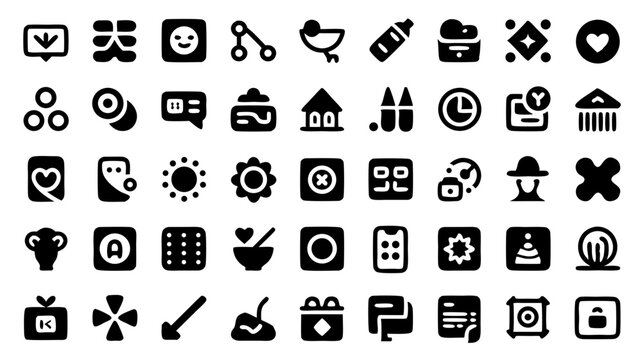 Collection of diverse black and white icons representing various objects and concepts in