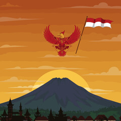This vector image shows the majestic mountain backdrop with the red bird soaring above, holding the Indonesian flag.