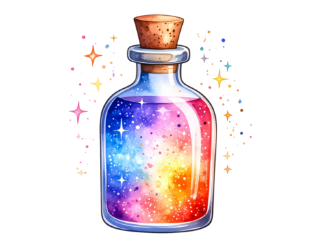 Magic potion bottle with sparkle transparent background