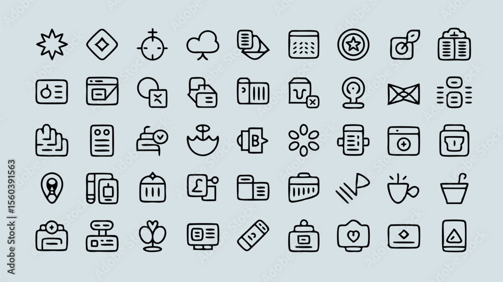 Poster collection of minimalistic line icons representing various everyday objects and activities for
