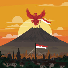 This vector image shows the majestic mountain backdrop with the red bird soaring above, holding the Indonesian flag.