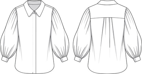 CAD drawing flat vector illustration of long sleeve shirt, front and back views, pleat detail, buttoned cuffs, technical sketch layout, fashion design, garment template