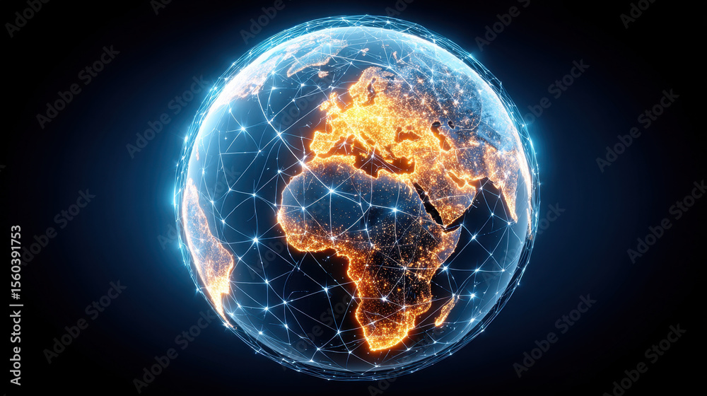 Aufkleber Glowing digital 3D render of Earth showing illuminated continents with network connections and bright points of light