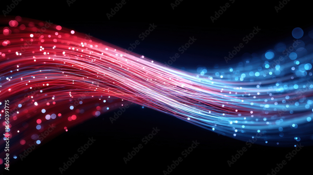 Aufkleber Glowing abstract fiber optic cable visualization with flowing red and blue light strands creating dynamic and vibrant digital effect