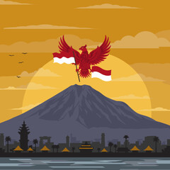 This vector image shows the majestic mountain backdrop with the red bird soaring above, holding the Indonesian flag.