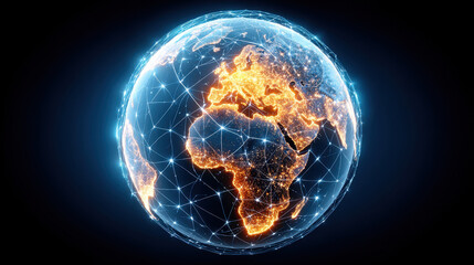 Obraz premium Glowing digital 3D render of Earth showing illuminated continents with network connections and bright points of light