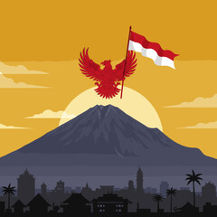 This vector image shows the majestic mountain backdrop with the red bird soaring above, holding the Indonesian flag.