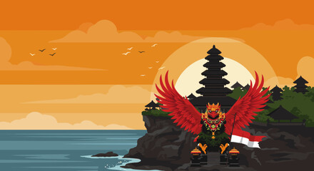 This vector image depicts a stunning sunset at a temple in Bali, with the red bird flying over the ocean while carrying the Indonesian flag. 