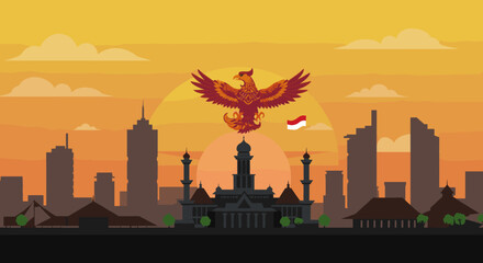 The skyline and buildings in the background highlight both cultural and modern influences in Indonesia, symbolizing the strength of its heritage and modern growth.