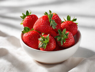 Bowl of bright red strawberries with green leaves on white cloth, fresh and juicy, perfect for healthy snack or dessert