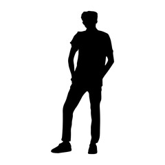  Full-length silhouette of a man standing with hands in his pockets, isolated on a white background.