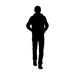  Full-length silhouette of a man standing with hands in his pockets, isolated on a white background.