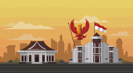 This vector image showcases the Cirebon city skyline with the red bird flying above, proudly holding the Indonesian flag.