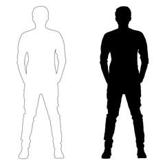  A pair of full-length male figures, one black silhouette and one white outline, standing with hands in pockets, isolated on a white background.