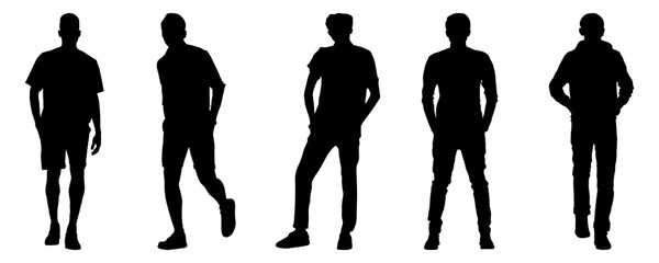 A set of five full-length male silhouettes in various standing and walking poses, isolated on a white background.