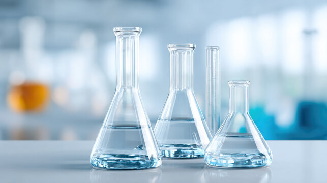 Clean laboratory bench with clear glassware filled with liquid, showcasing scientific equipment in bright lab setting