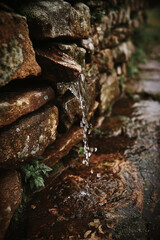 Water trickling down a rustic stone wall in a peaceful outdoor setting