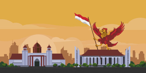 This vector image showcases the Cirebon city skyline with the red bird flying above, proudly holding the Indonesian flag.