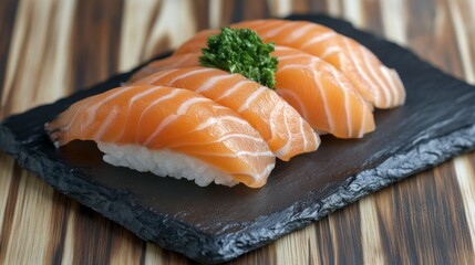 Fresh Salmon Nigiri on Black Stone Plate