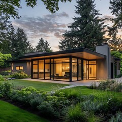 Fototapeta premium Sophisticated luxury villa with open glass front and elegant lighting high resolution picture