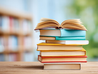 Naklejka premium Closeup of stack of colorful books on wooden table with open book on top, set against blurred background of library or room