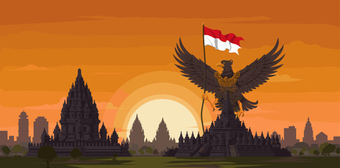 The skyline and buildings in the background highlight both cultural and modern influences in Indonesia, symbolizing the strength of its heritage and modern growth.