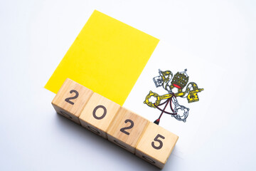 2025, Vatican City flag with date block, Concept, Important events for Vatican City the new year, election, economy, social activities, central bank, Vatican City foreign policy
