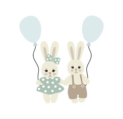 Illustration of cute bunnies with balls on a white background.