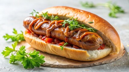 Savory Grilled Sausage in a Toasted Roll with Zesty Sauce and Fresh Herbs