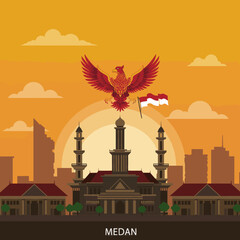 This vector image illustrates a vibrant sunset with the red bird soaring above a majestic temple complex, with the Indonesian flag flying proudly.