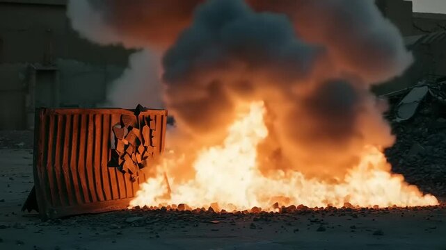 Explosive fire and smoke erupting from a dumpster in an industrial area at sunset