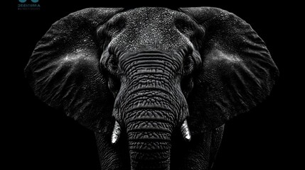 Powerful elephant head, black and white, close-up, against a black background. Detailed skin texture, large ears, tusks visible