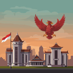 This vector image showcases the Cirebon city skyline with the red bird flying above, proudly holding the Indonesian flag.
