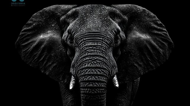 Powerful elephant head, black and white, close-up, against a black background. Detailed skin texture, large ears, tusks visible