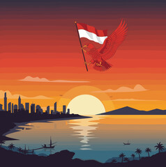 This vector image shows a red bird flying over a beach at sunset, carrying the Indonesian flag in its talons