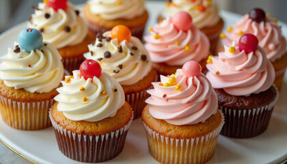 Close-up view of a selection of beautifully decorated cupcakes.