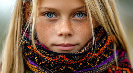 Une jeune fille aux cheveux blonds et aux yeux bleus avec des taches de rousseur sur le visage portant un foulard aux motifs complexes et colorés regardant l'objectif avec attention.