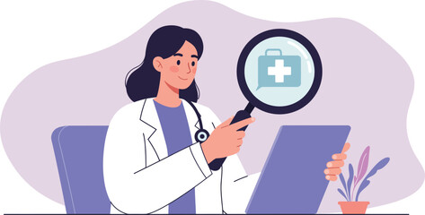 Annual Medical Checkup Concept Doctor with Magnifying Glass Analyzing Healthcare Icons – Preventive Health Examination in Hospital Clinic Setting