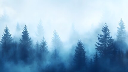 Misty, tranquil forest scene in shades of blue.