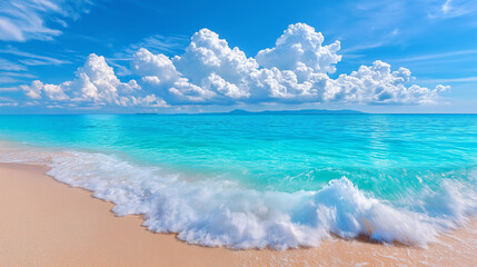 A vibrant and idyllic beach landscape: the crystal-clear turquoise waters of the sea gently lap against a shore of fine, pale sand, sky is puffy white clouds,tropical sun, Thailand. 