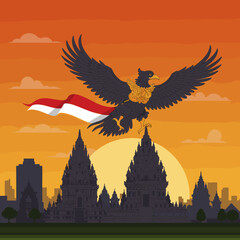 This vector image features a red bird flying over a silhouette of a temple complex with the Indonesian flag waving in the foreground.