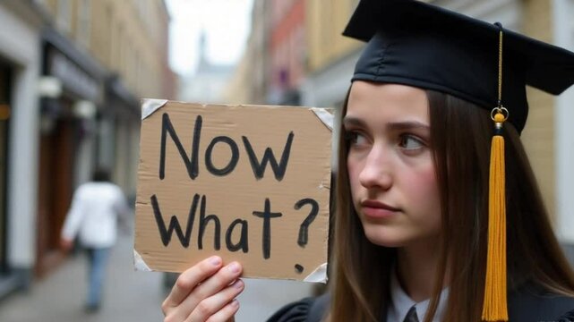 Graduating student holding a sign, questioning the future. Generative AI