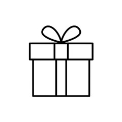 Gift Box Icon: Minimalist black outline presents a symbol of generosity, perfect for conveying gift-giving, celebrations, and special occasions.