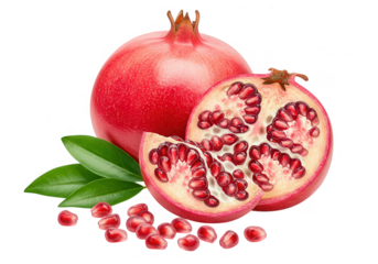 A vibrant pomegranate, halved and quartered, displays its juicy red seeds with green leaves isolated on transparent background