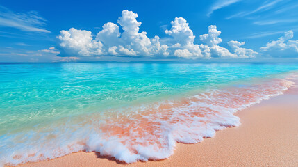 A vibrant and idyllic beach landscape: the crystal-clear turquoise waters of the sea gently lap against a shore of fine, pale sand, sky is puffy white clouds,tropical sun, Thailand. 