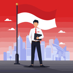 This vector image features a man standing proudly in front of a tall flagpole, with the Indonesian flag flying high