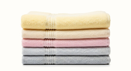 Soft cotton towels stacked in pastel colors for bathroom decor  
