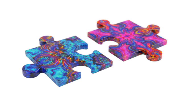 Two Interlocking Puzzle Pieces with Floral Patterns Displayed in Vivid Blues Pinks And Oranges Against Isolated Transparent Background